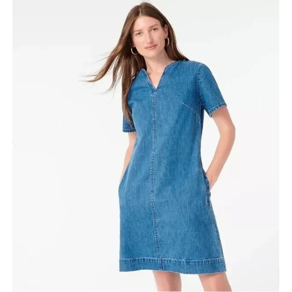 NWT J. Crew V-neck Denim Shift Dress sz 2 XS S 4 AR634 Cotton Pockets